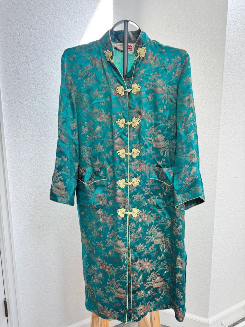 Peony Vintage Mandarin Brocade Coat Teal Size M
